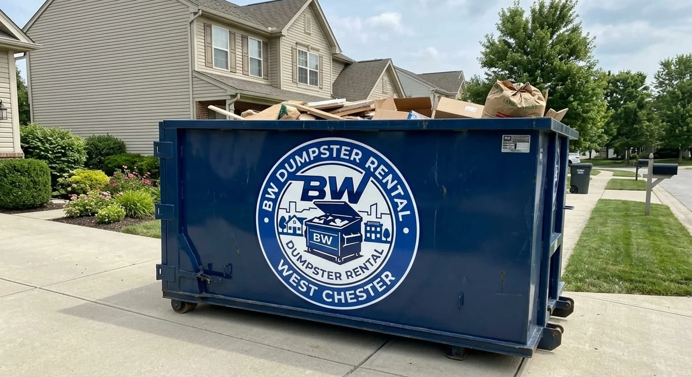 A BW Dumpster Rental West Chester dumpster staged on a residential driveway with a full load