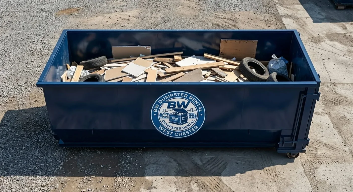 20 yard dumpster rental in Exton, PA A 20 yard BW Dumpster Rental West Chester roll-off dumpster staged for a job in Exton, PA