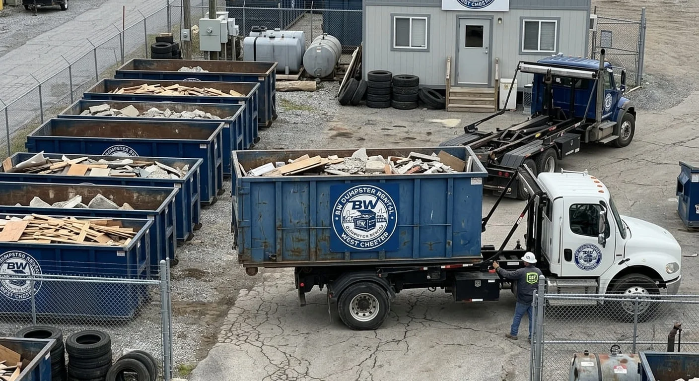 Rows of BW Dumpster Rental West Chester containers staged at the company yard