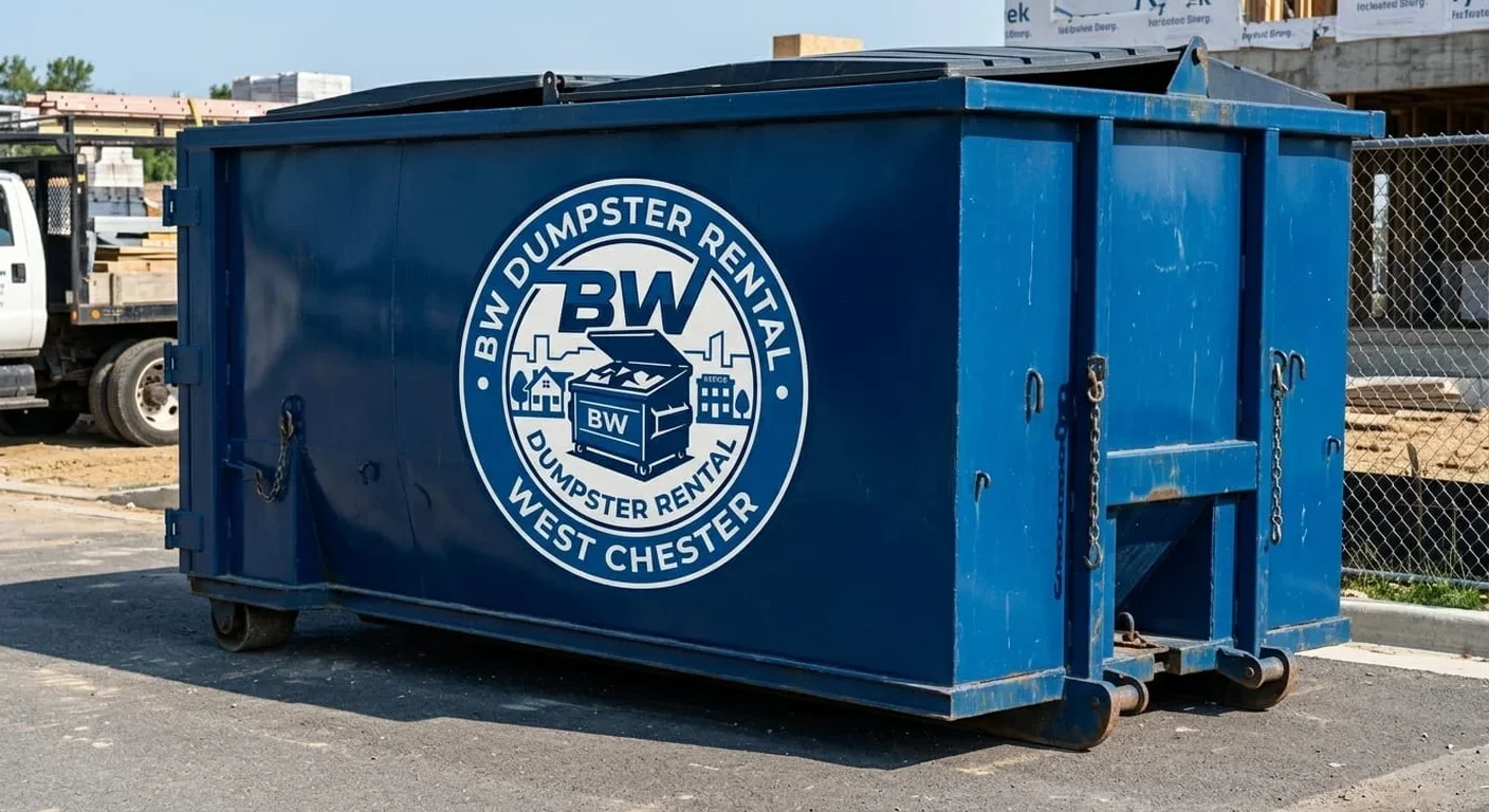 Construction dumpster rental in East Bradford Township, PA A BW Dumpster Rental West Chester roll-off dumpster delivered to an active construction site in East Bradford Township, PA