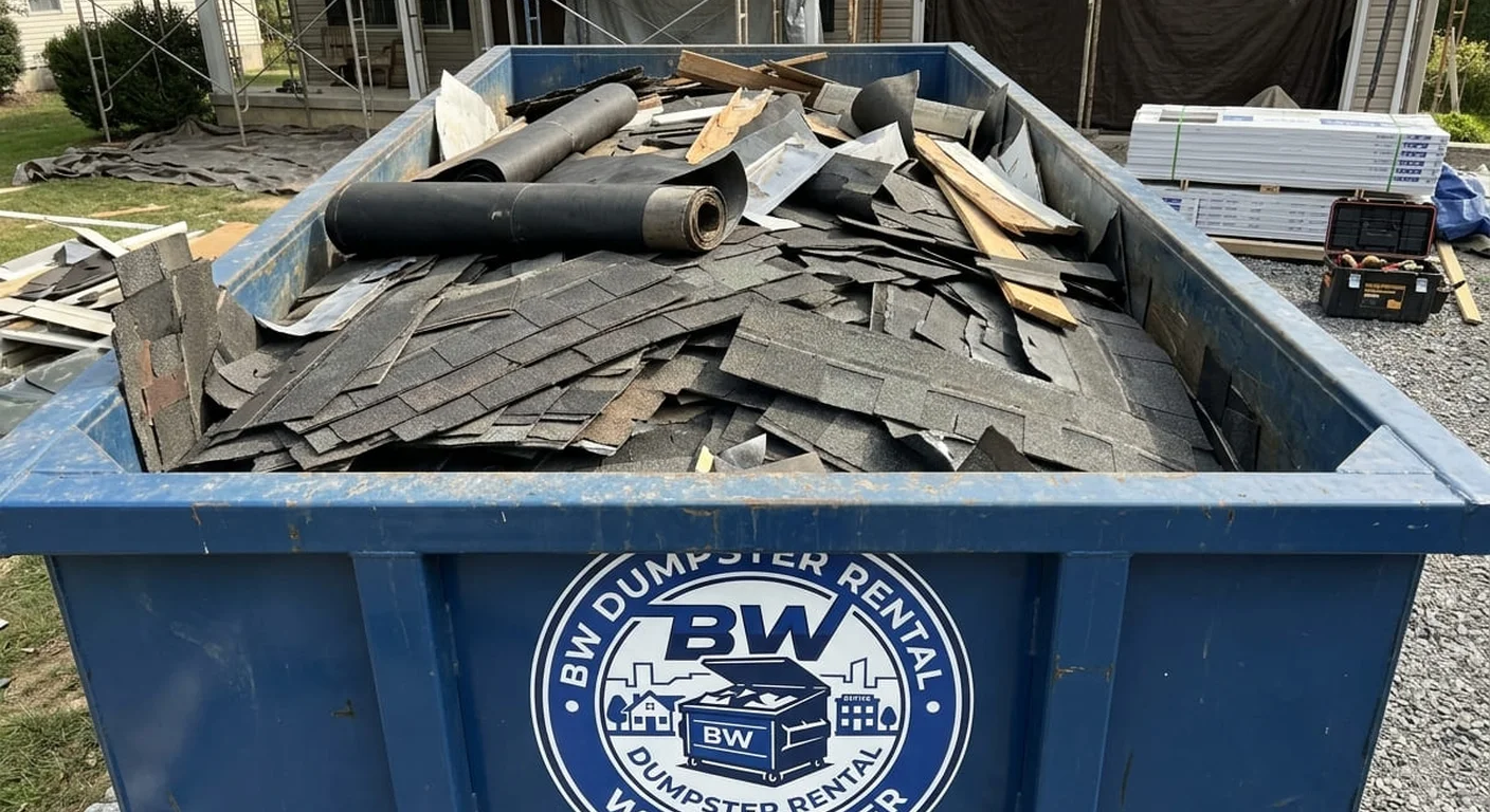 A BW Dumpster Rental West Chester dumpster filled with real roofing tear-off debris in front of a home