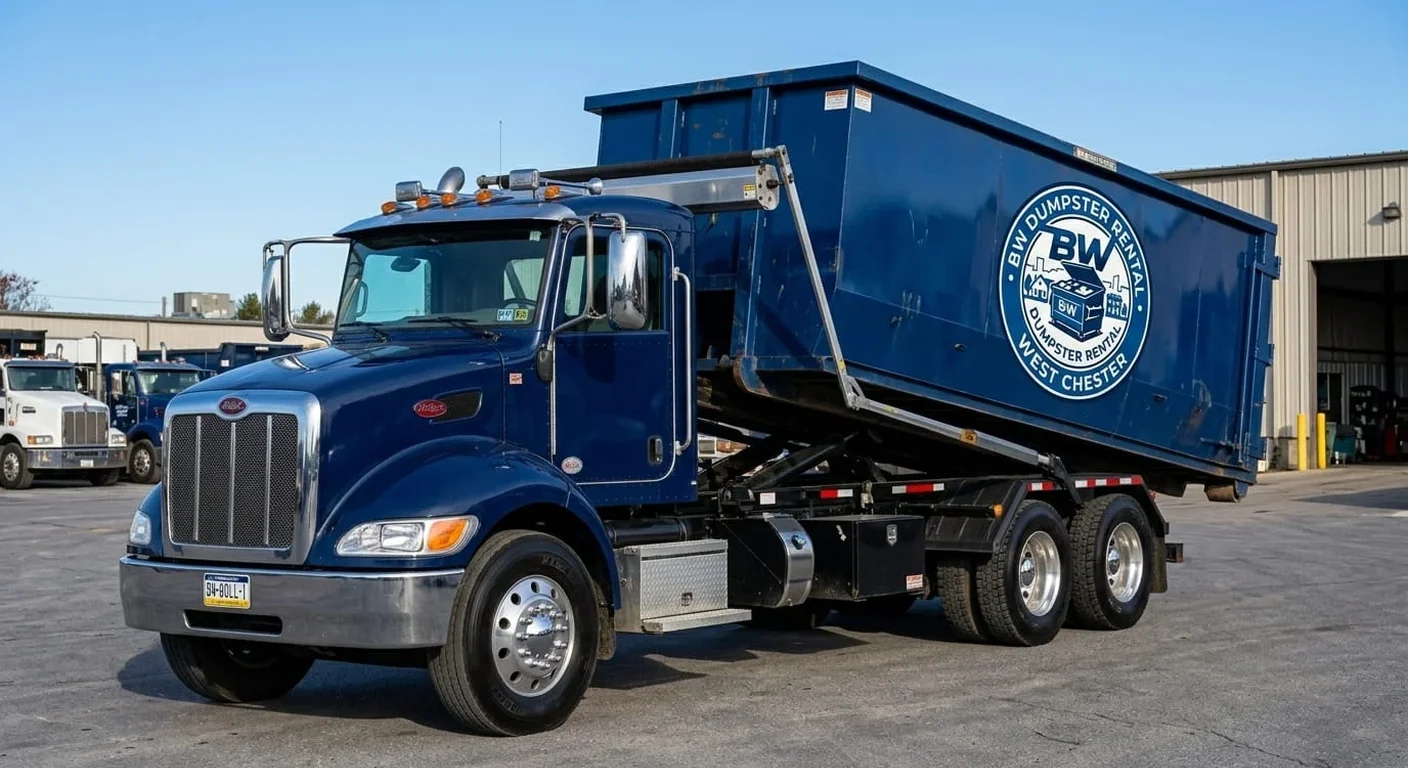 Our Dumpster Rental Fleet - West Chester, PA The BW Dumpster Rental West Chester yard, with trucks and containers staged for dispatch