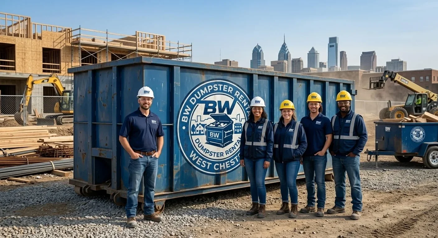 Meet the BW Dumpster Rental West Chester Team The BW Dumpster Rental West Chester onsite crew standing together at a construction job site