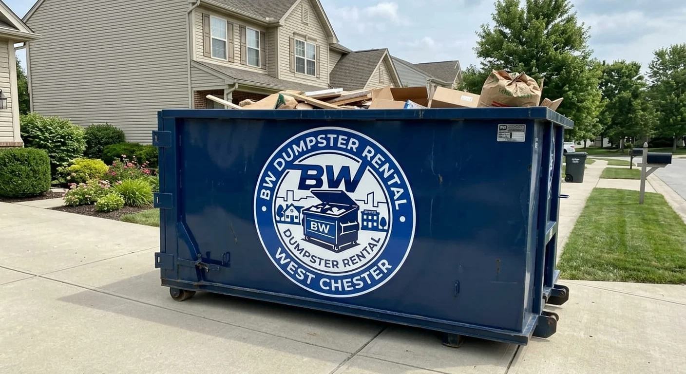 Dumpster rental delivery near West Goshen Township, PA A BW Dumpster Rental West Chester roll-off dumpster staged for a job near West Goshen Township, PA