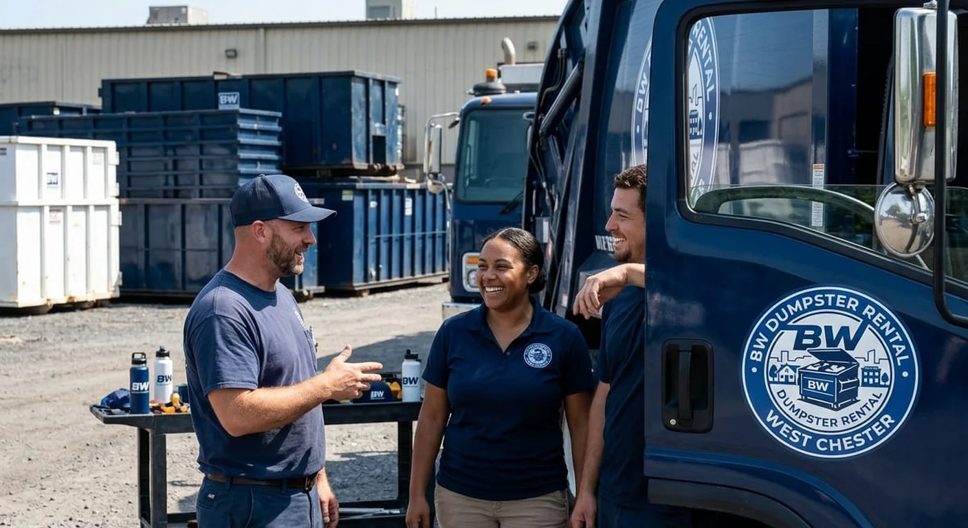 BW Dumpster Rental West Chester crew members talking together at the company dumpster yard during an estate cleanout project