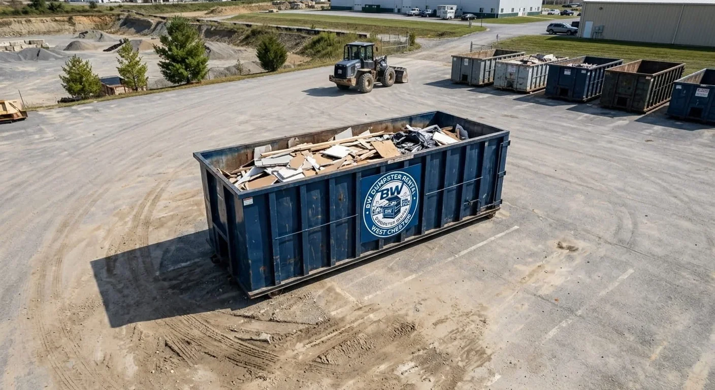 Roll-off dumpster rental in Westtown Township, PA A BW Dumpster Rental West Chester roll-off dumpster staged and ready for drop-off in Westtown Township, PA