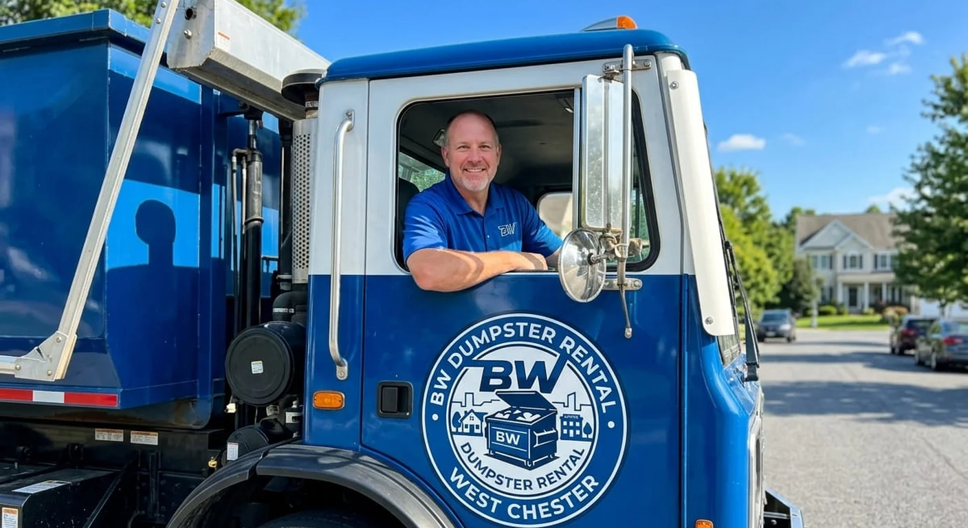 Same-day dumpster rental in Downingtown, PA A BW Dumpster Rental West Chester driver going over delivery details for a same-day drop-off in Downingtown, PA