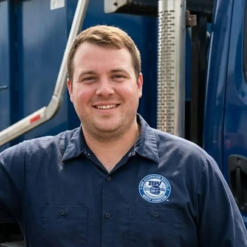 Tyler Nash - Lead Driver Tyler Nash, Lead Driver at BW Dumpster Rental West Chester, standing beside a company roll-off truck