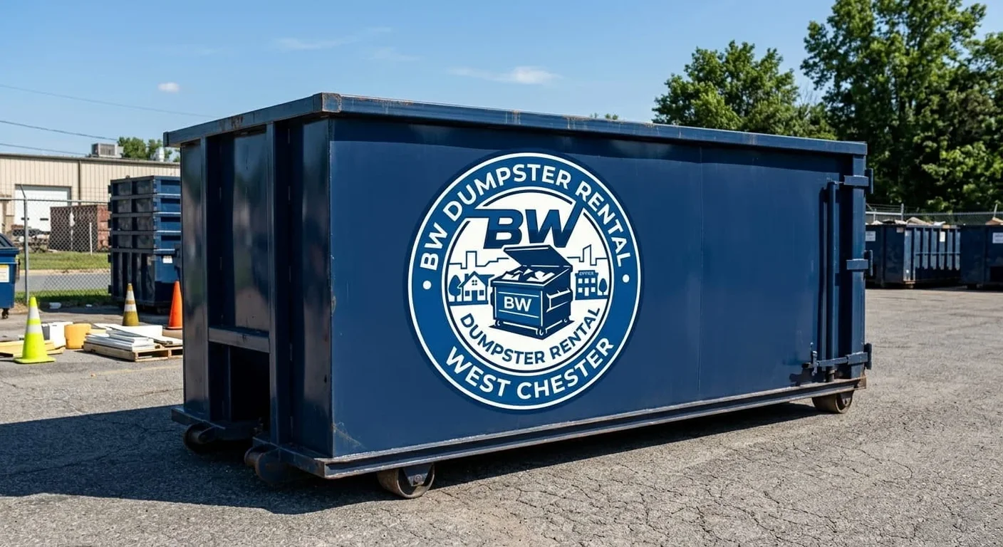 Yard Waste Dumpster Rental in West Chester, PA A BW Dumpster Rental West Chester dumpster staged on a driveway, ready for a yard-waste and storm-debris cleanup